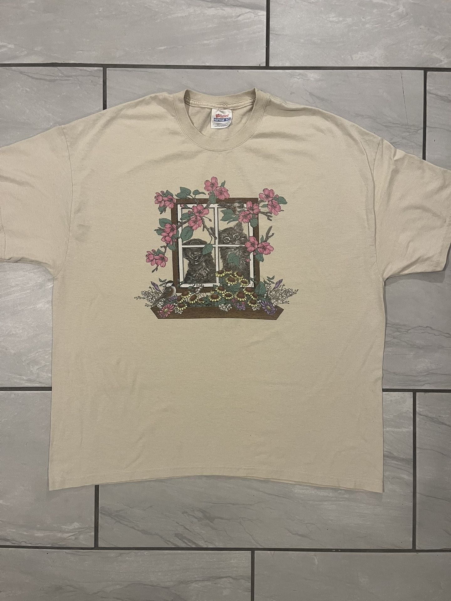 Vintage 90s Y2K Tan Khaki Kittens Cats Flowers Graphic T Shirt Size 2XL Birds