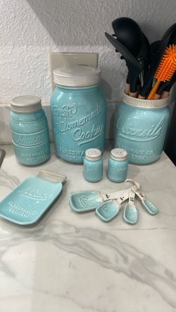 Blue Ceramic Mason Utensil Holder/ Cookie Jar/measuring Cups/ Salt And Pepper Shakers/trivet Dish 