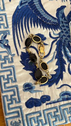 STUNNING VINTAGE HALLMARKED 1/20 14 K GOLD-FILLED AMCO DETAILED RETRO INLAY OVAL BLACK ONYX STONE PANEL LINK DECORATIVE CHAIN BRACELET