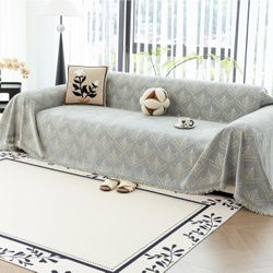 1 Piece 71"x118" Grey Leaf Washable Chenille Sofa & Blanket Cover