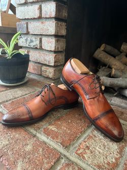 Santoni Cognac Leather Cap-Toe Derby Oxfords with Broguing