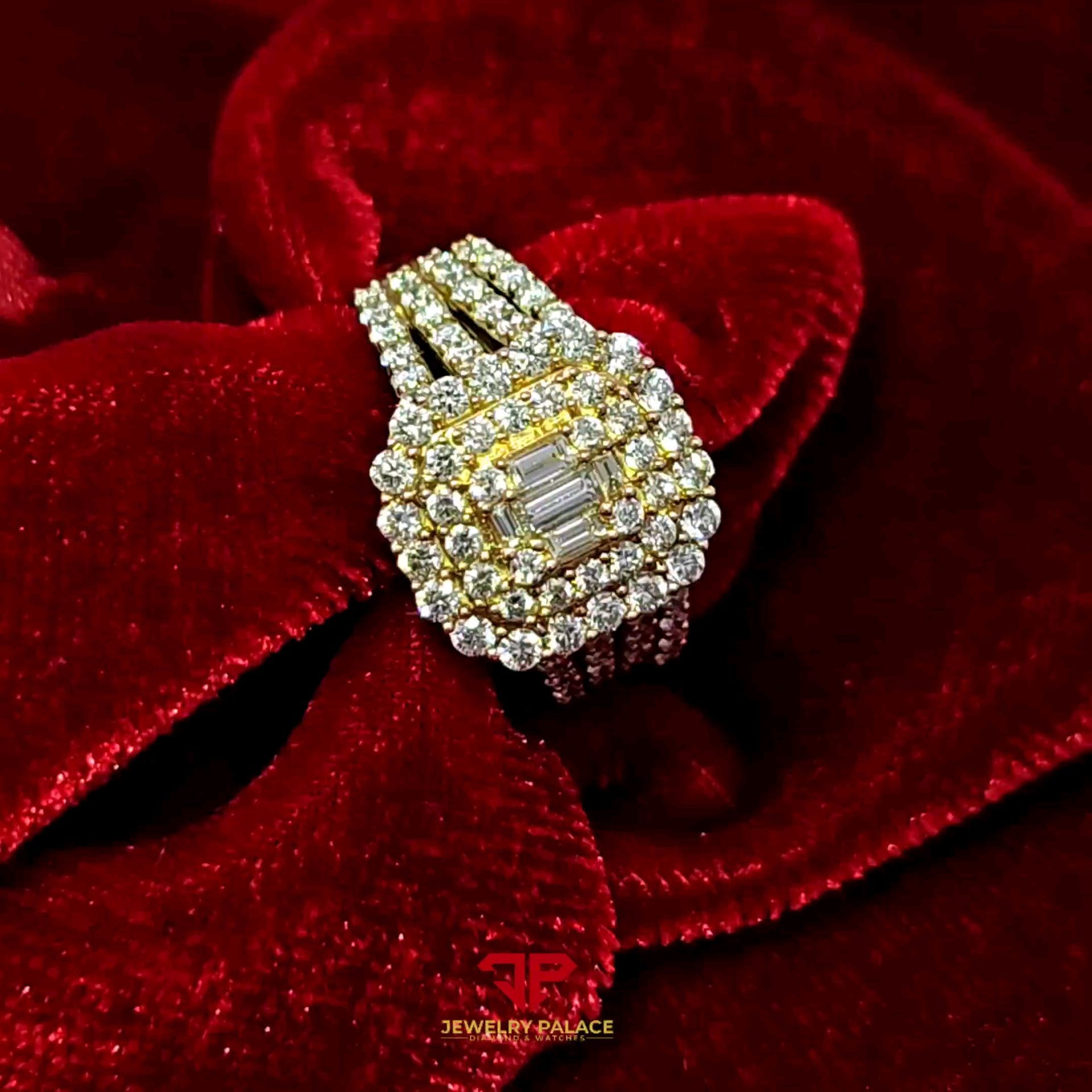 Elegant Baguette Center Double HALO Diamond Ring 14K Yellow Gold 1.55ctw Diamond