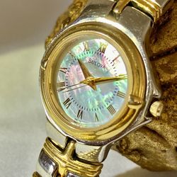 Vintage Bulova Women’s Watch Mother-of-Pearl Dial | Gold Roman Numerals | Gold & Silver Mesh Bracelet | Rare Elegant Dress Timepiece