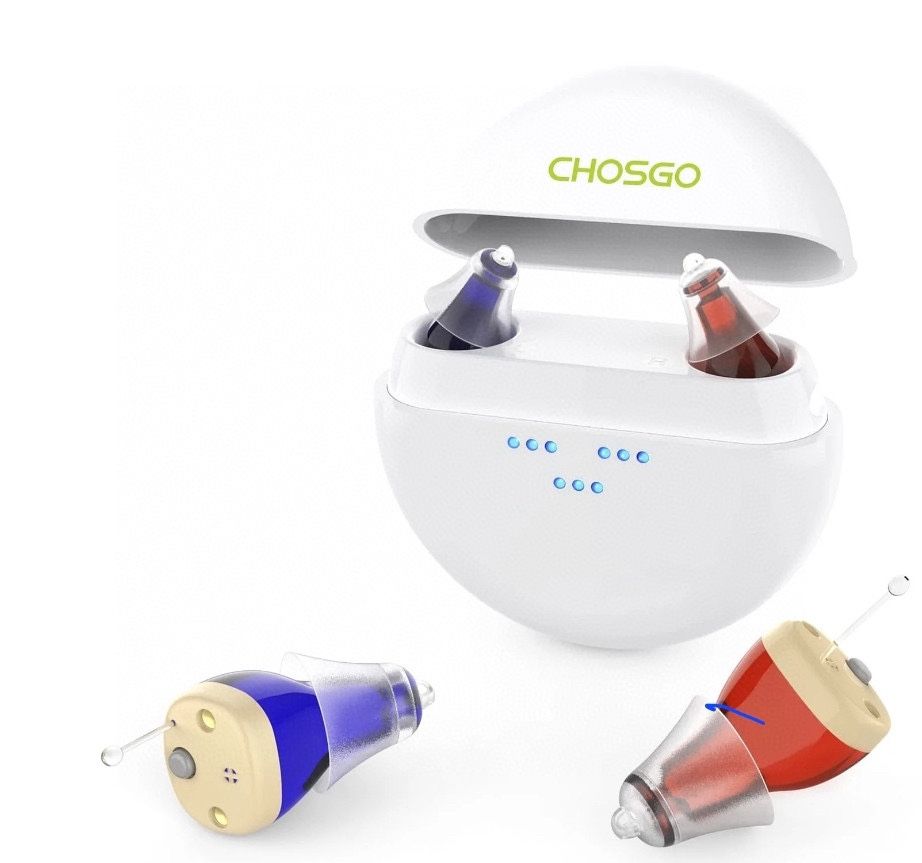 Chosgo K419 Medical Rechargeable Hearing Aids for Seniors with Portable Charging Case,Completely-in-the-Canal for Adults, Pair(Red&Blue) H