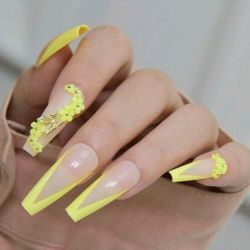 B2G1F 24-pcs. Elegant Long Coffin Yellow Rhinestones Press On Nails