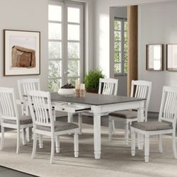 Brand New Rustic White & Grey Farmhouse Style 7pc Dining Table Set 