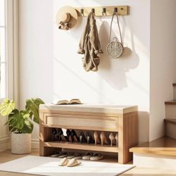 32” Shoe Bench with Storage Drawer, Farmhouse Entryway Bench with Linen Seat Cushion, Wooden Shoe Rack with Shelf, Oak