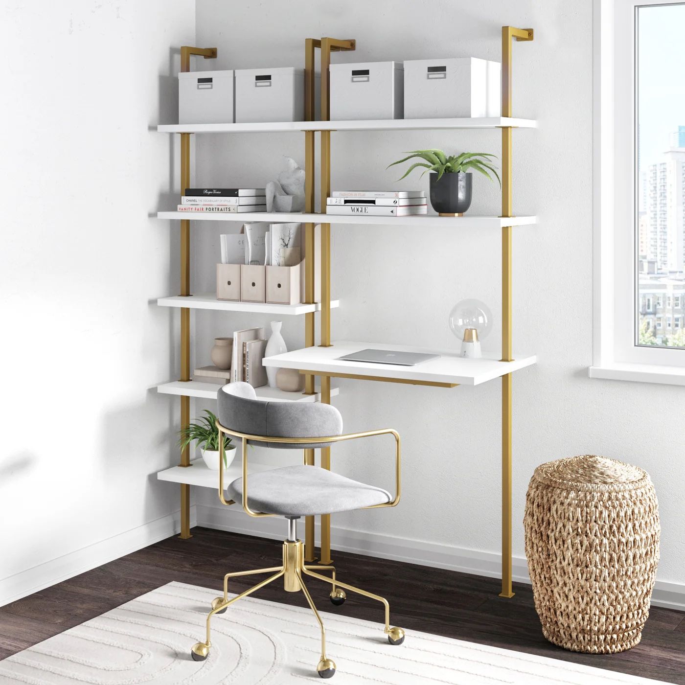 Desk with Ladder Shelf | White and Gold Shelves