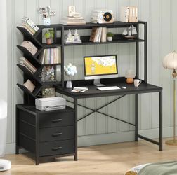 52" Computer Desk with Bookshelf, 5 Drawers with Printer Shelf, Study Writing Desk with Storage Shelves,Black