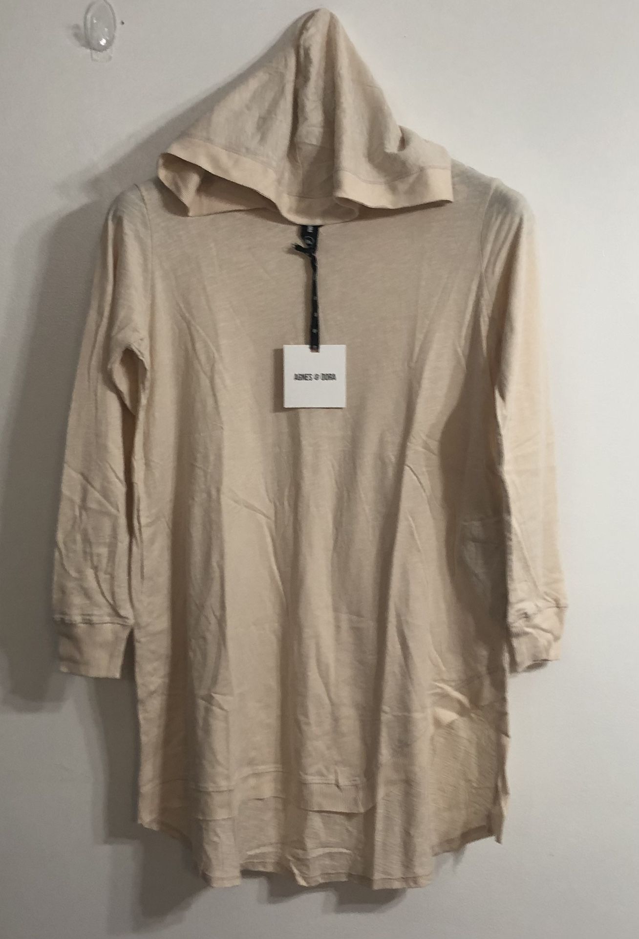 Agnes & Dora women’s hoodie dress tunic 100% cotton lightweight pull over tan. M