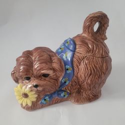 Eliza Jane Golly Gee Ceramic  Dog Treat Cookie Jar  Blue Bumble Bee Terrier