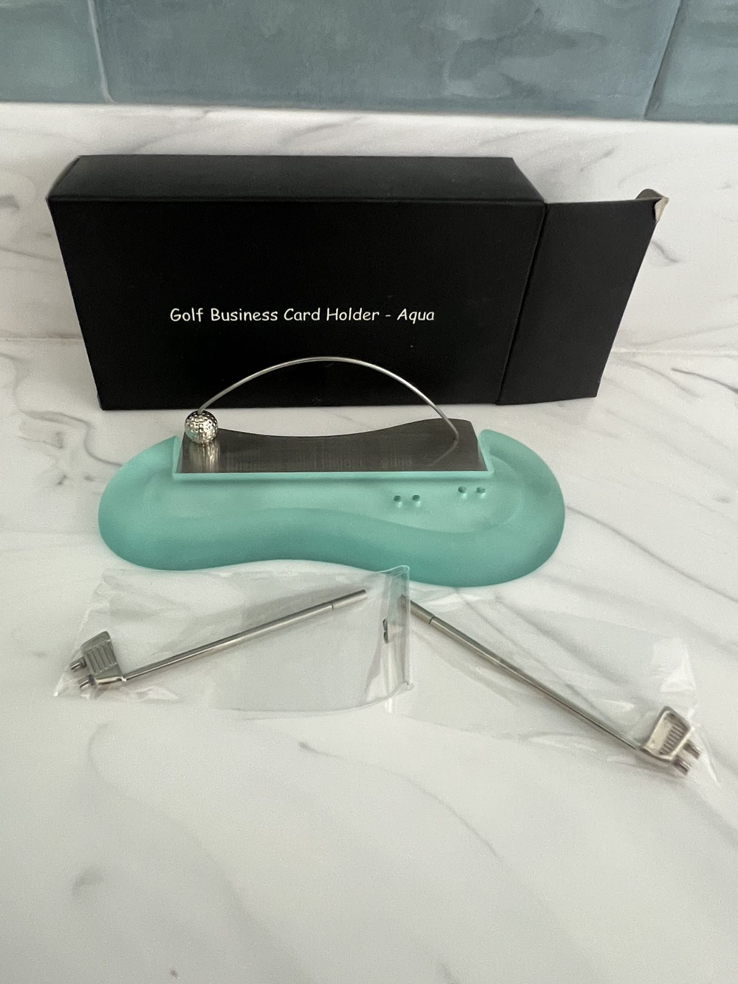 NIB Golf Business Card Holder with frosted aqua glass & 2 clubs