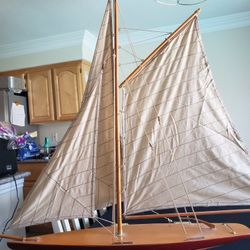 Nautical Accent Wood Sail Boat on Stand with Canvas Sails