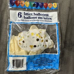 BRAND NEW 6 LATEX BALLOONS CONFETTI GOLD AND SILVER 