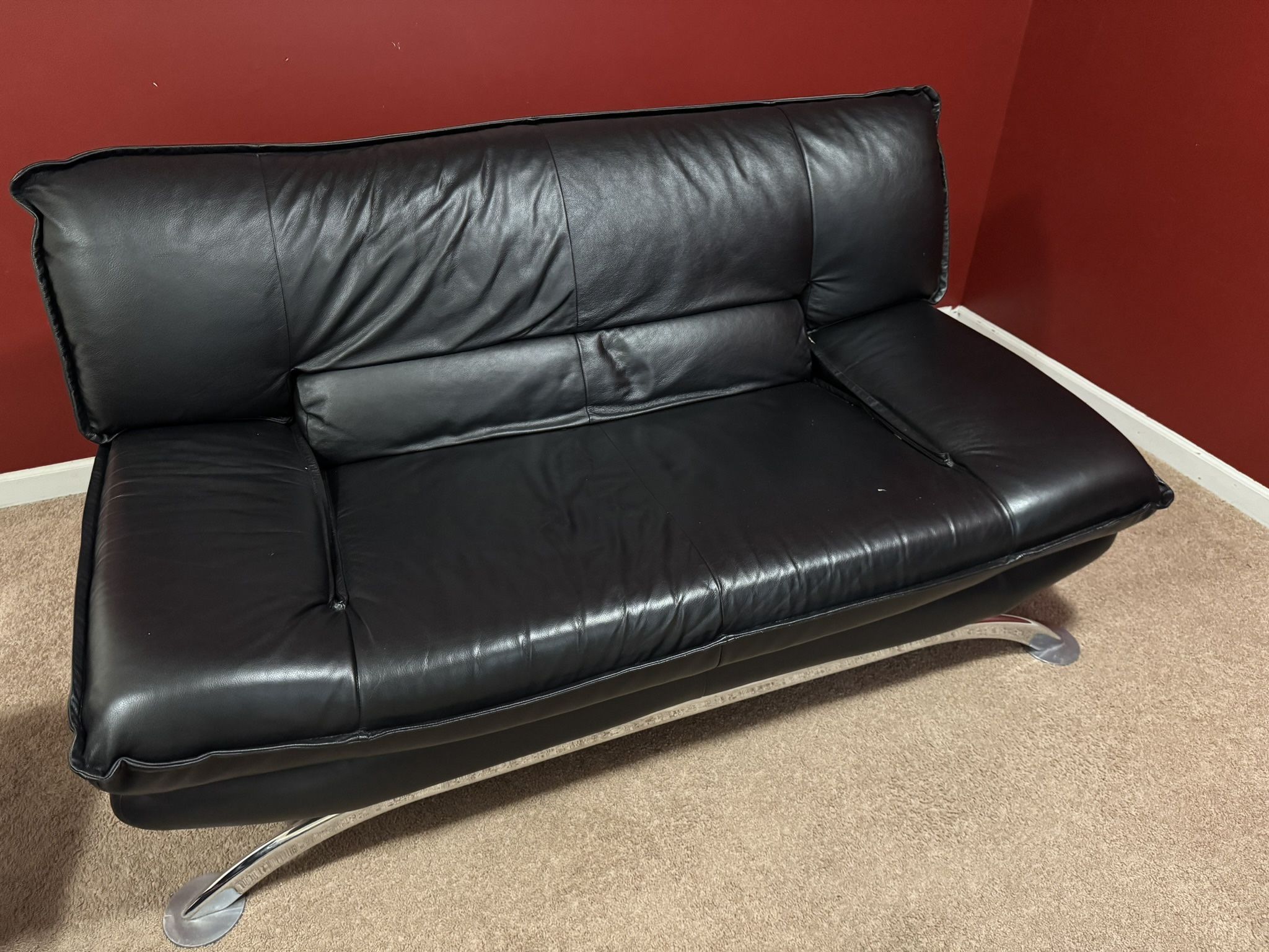 2-Piece Vintage Nicoletti "Salotti" Black Leather & Chrome 2-Seater Sofa