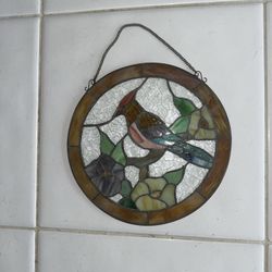 Vintage Hanging 12” Round Bird Stained Glass Sun Catcher