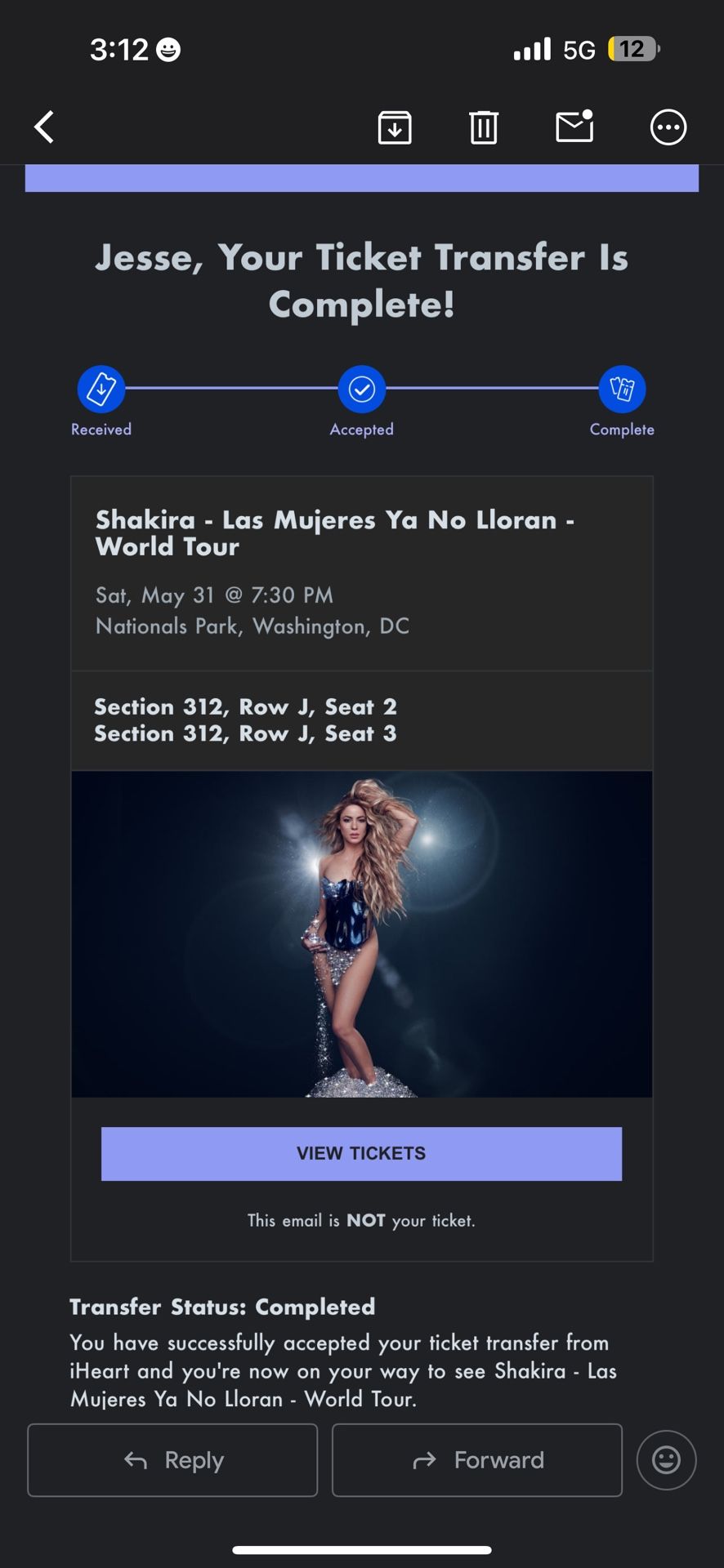 2 Shakira -! Tickets Seats Right Next To Each other Section 312