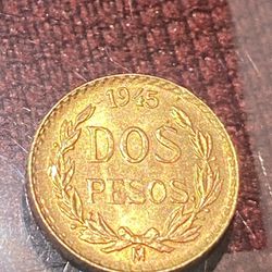 1945 GOLD 2 Pesos of Mexico brilliant frosty Gem BU .900 Fine Gold