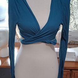 Upcycles Wrap Top Blue Turquoise Xs