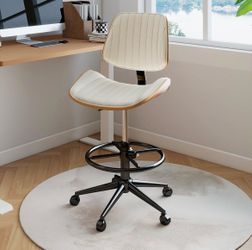 Drafting Chair, Ergonomic Office Chair with Walnut Wood Back Support, Armless PU Leather Desk Chair with Height-Adjustable, Thick Cushion for Home, Ba