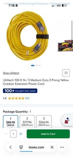 Utilitech 100-ft Yellow Outdoor Extension Cord