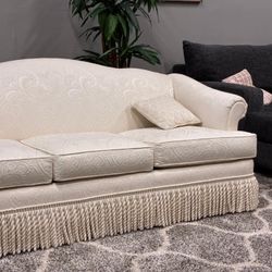 C.R. Laine Designer Sofa – Cream Damask with Decorative Fringe