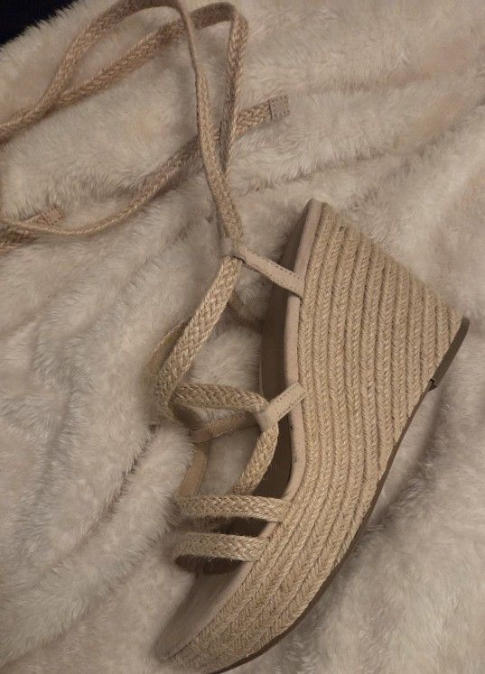 Strapped Beige Cork Bottom Wedge