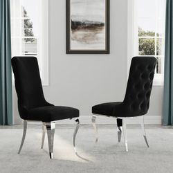 Black and Silver Dining Chair with Velvet Upholstery and Mirrored Silver Cabriole Legs, Heavy Duty High Back Buttons Tufted Dining Chairs Set of 2
