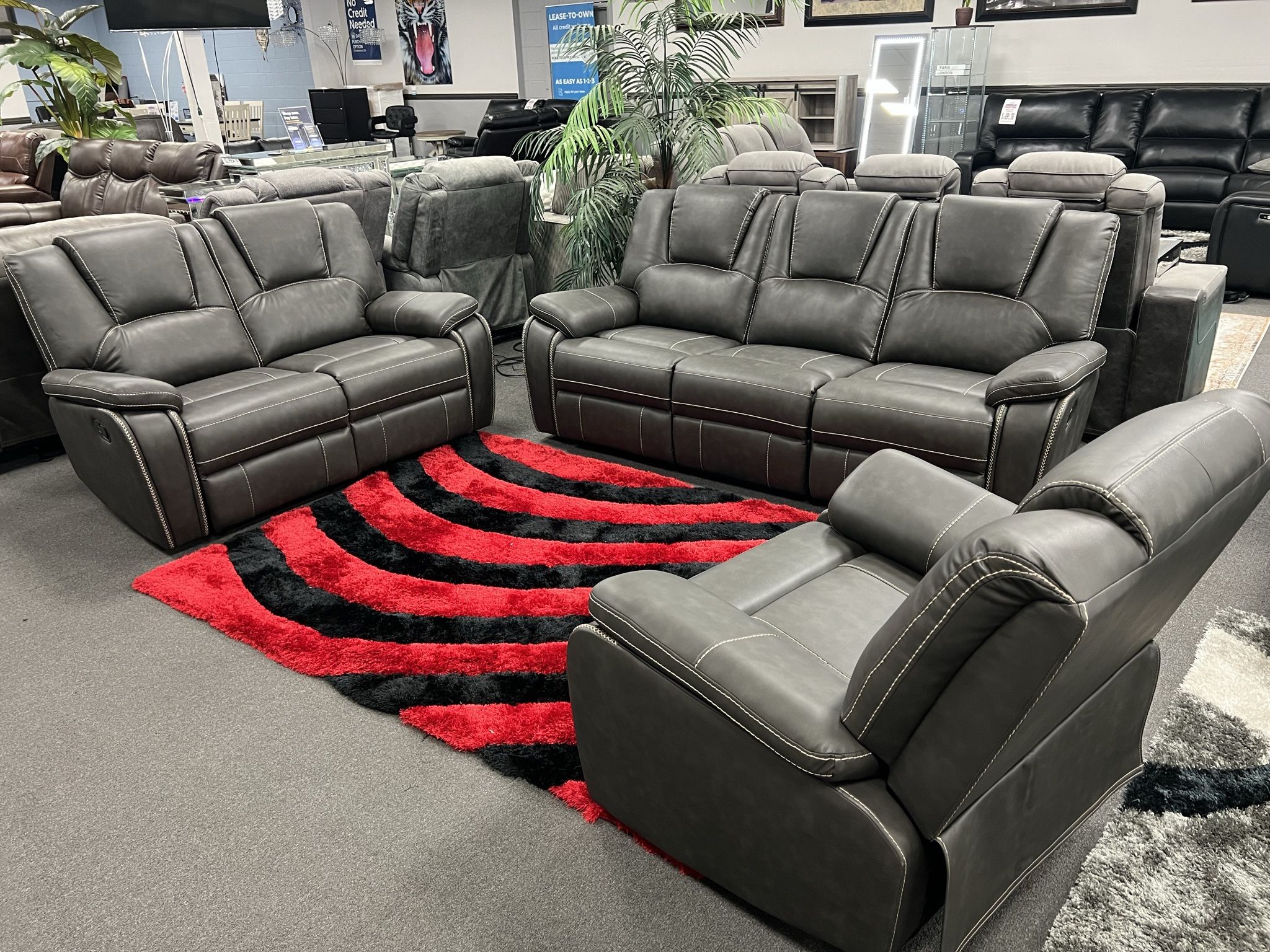 2PC Gray Leather Sofa & Loveseat w/ FREE Recliner