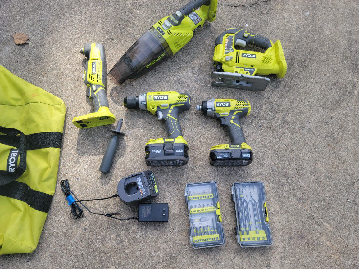 RYOBI 18 VOLT HAMMER DRILL, 3-SPEED HEX IMPACT, JIGSAW, MULTI-TOOL AND VACUUM WITH BATTERIES, CHARGER,BAG AND BIT SETS 