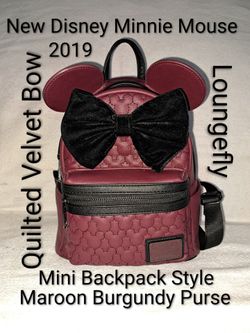 New Loungefly Disney Minnie Mouse Quilted Velvet Bow Mini Backpack Style Maroon Burgundy Purse