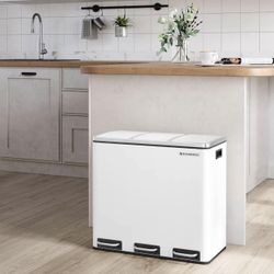 Trash Can, 3 x 4.8 Gallon Garbage Can, 14.4 Gallon Recycle Bin with Soft-Close Lids, Pedals, and Inner Buckets for Kitchen, Stainless Stee