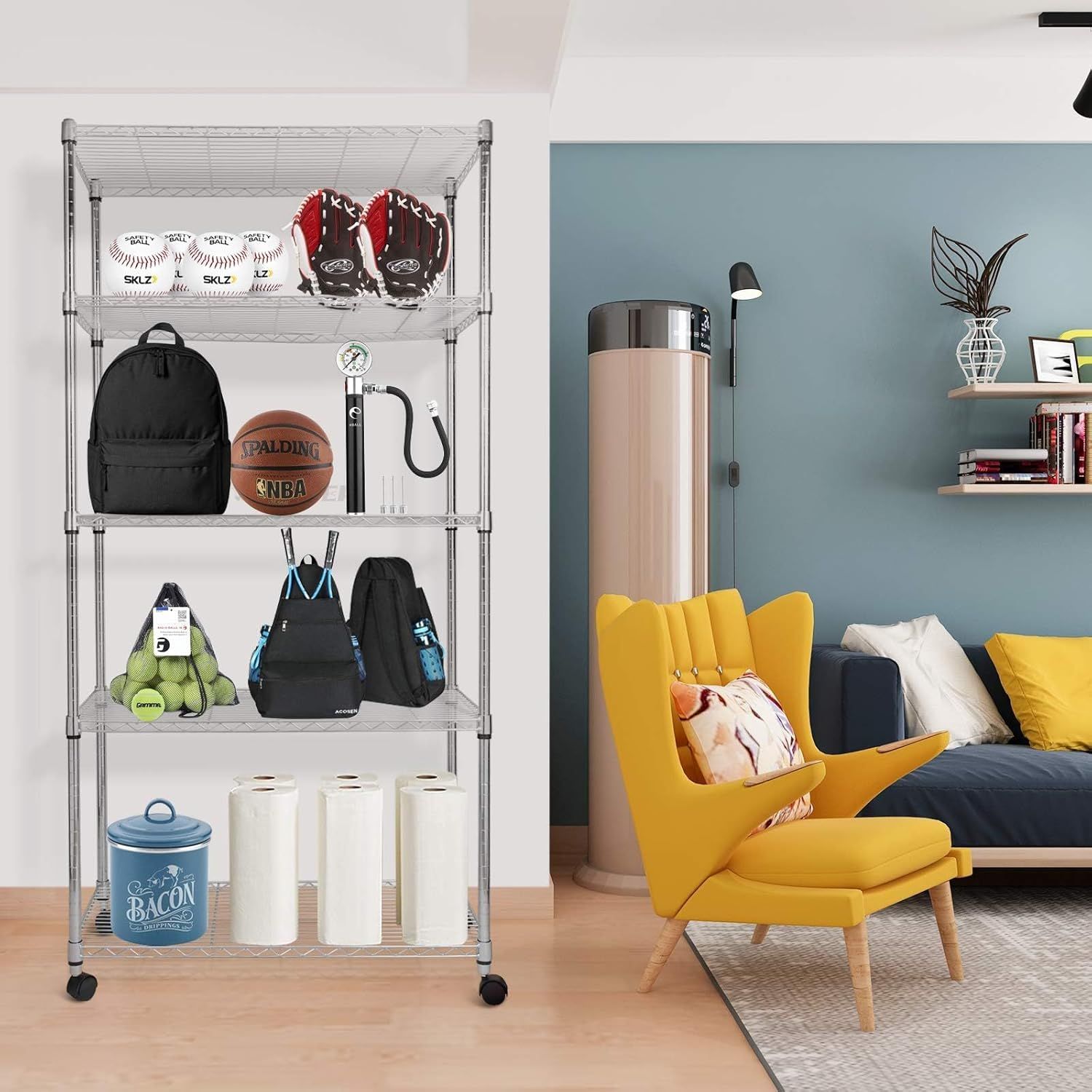 Simple Deluxe Heavy Duty 5-Shelf Storage Shelves, 1750Lb Loading Capacity, 35.43" W x 17.72" D x 70.87" H Adjustable Shelving Unit with Wheels, Chrome