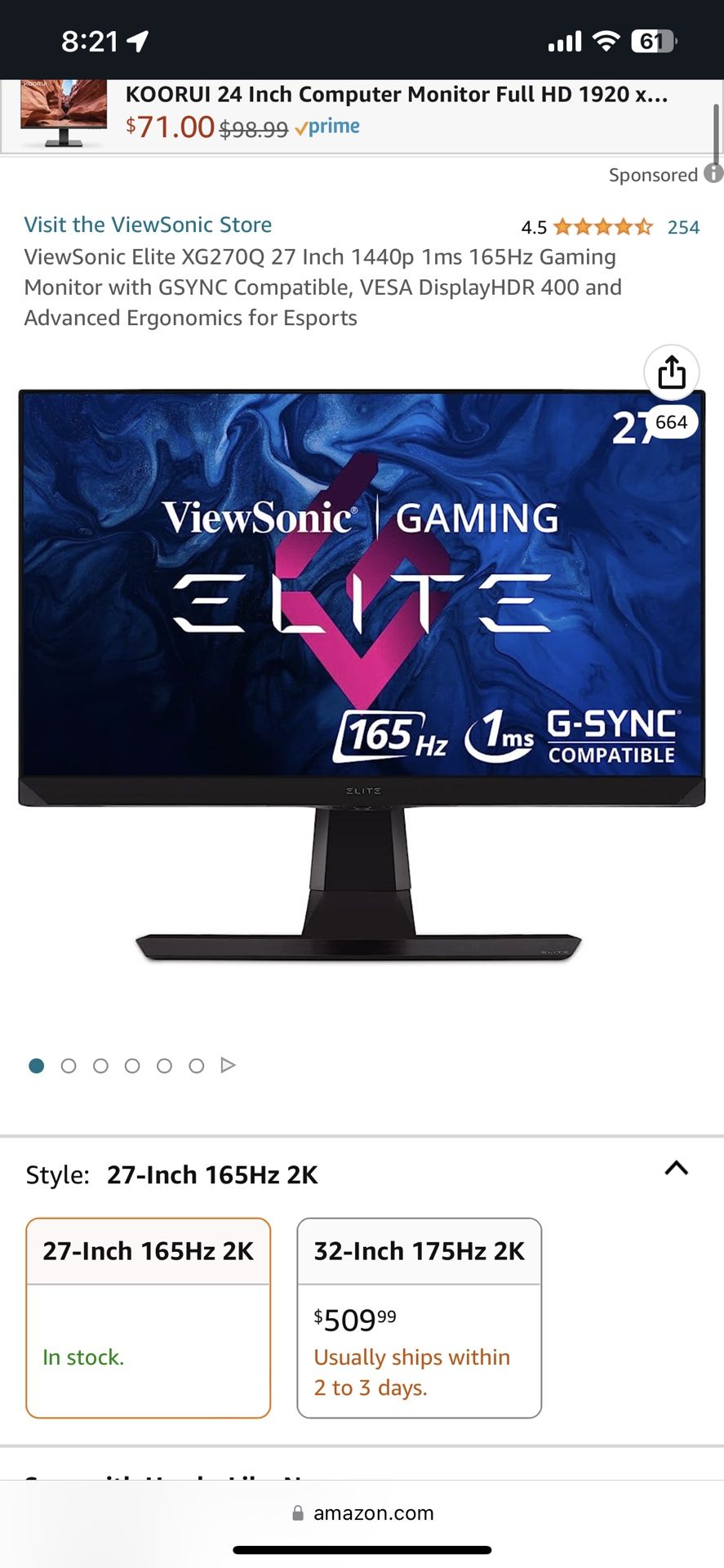 ViewSonic Elite XG270Q- 27”, 1440p, 165hz