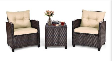3 Pieces Patio Furniture Set, PE Rattan Wicker 3 Pcs Outdoor Sofa Set w/Washable Cushion and Tempered Glass Tabletop, Conversation Furniture for Garde