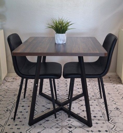 Square Dining Table with 2 Black Chairs