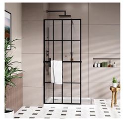 Shower Door Tempered Glass Shower Screen 16 Grid Style with Towel Rack