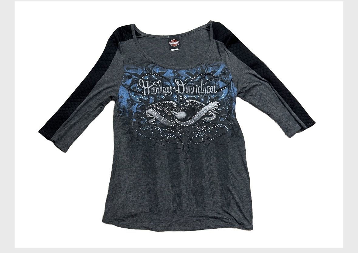 Harley Davidson Women’s Shirt Studs Rhinestones Black Blue Size XL Quilted Arms
