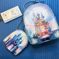 Loungefly Cinderella Wallet and Danielle Nicole Disney Cinderella Castle 2 Piece (Front Pouch is Removable) Mini Backpack - Both NWTs  