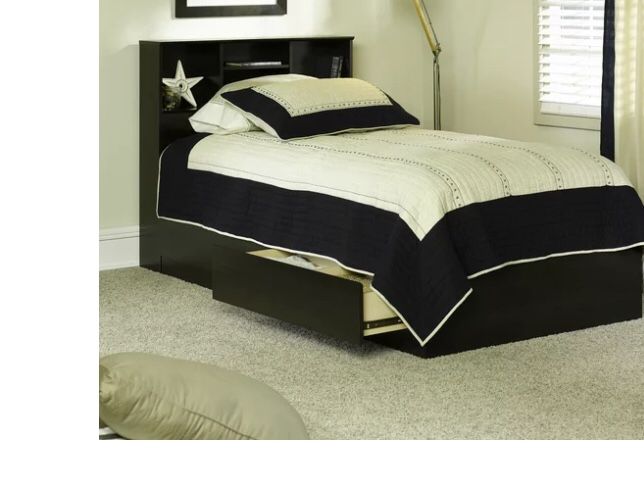 Twin Bed, Twin Mates Bed, W 3 Drawers And Bookcase Headboard, No Mattress