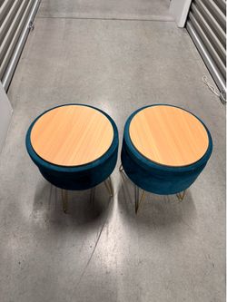 Teal Velvet Storage Ottomans w/ Wood Top – SET OF 2