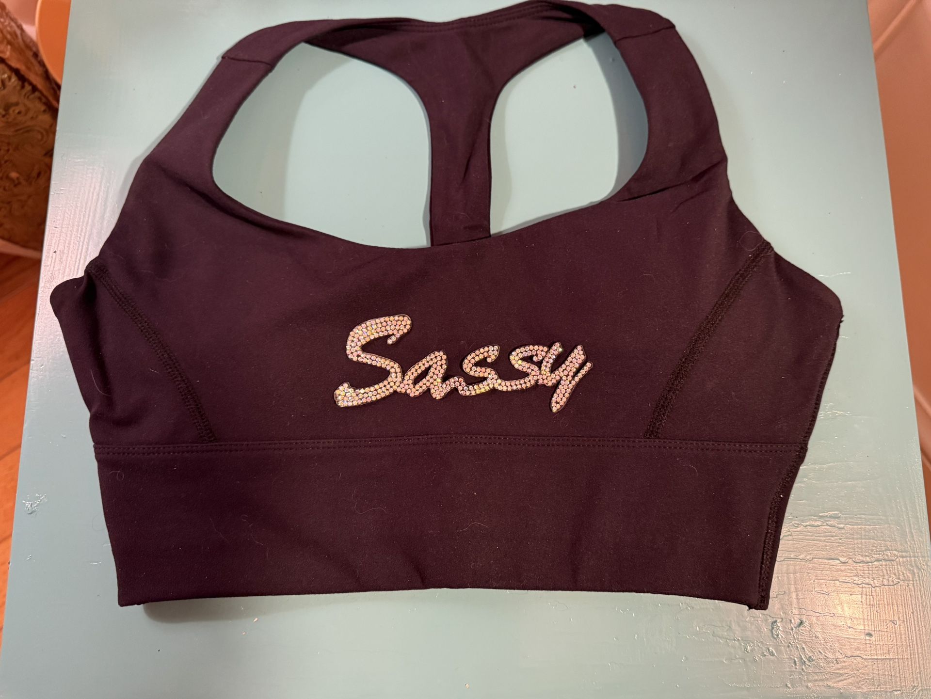 Black Sports Bra With “SASSY” In Rhinestones