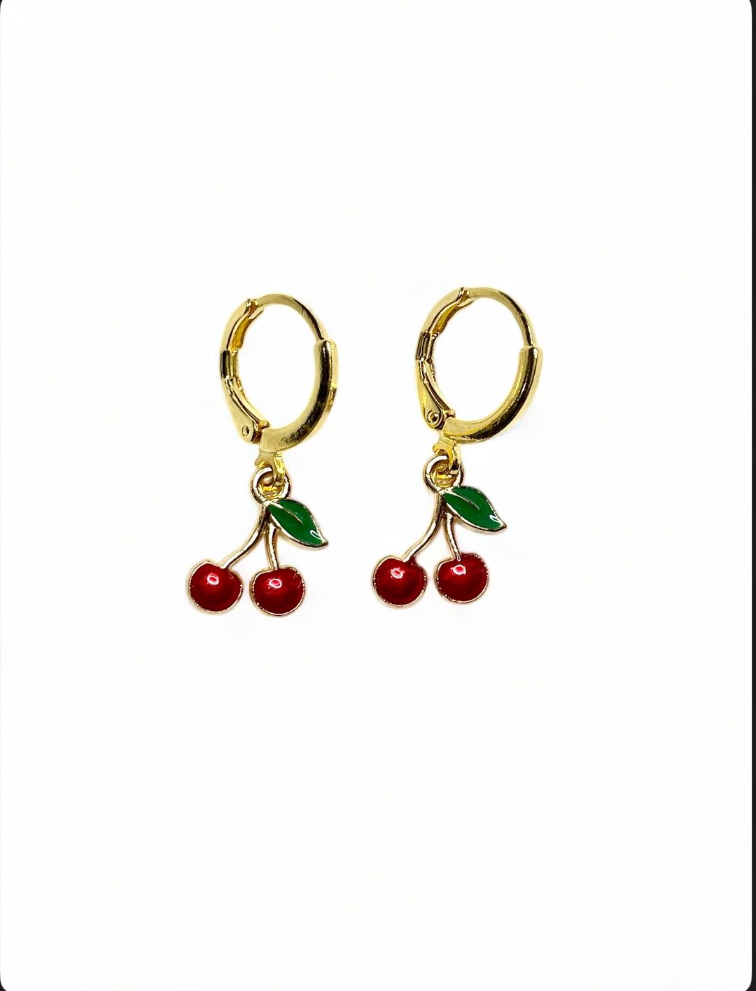 Cherry Huggies Earrings Hoops Gold Red Dainty Minimalist 25mm drop