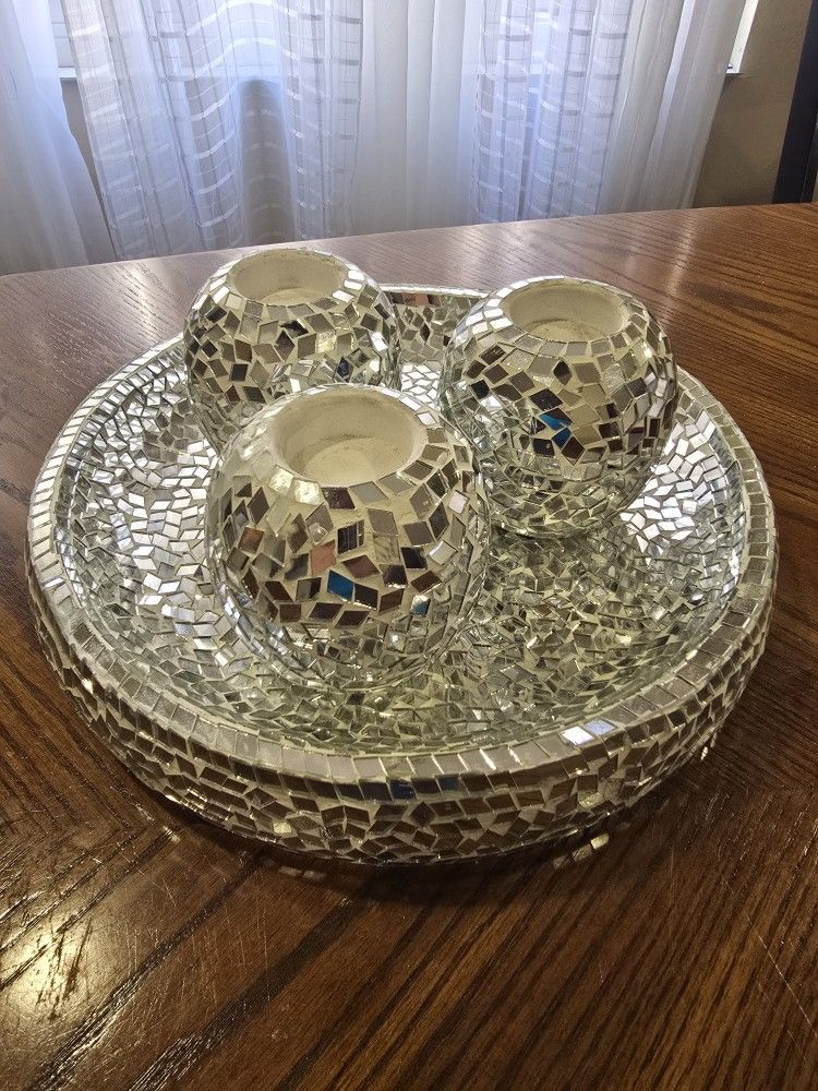 New! MOSAIC GLASS CANDLE Holder Set