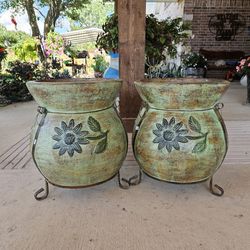 Teal Sunflower Clay Pots, Planters, Plants. Pottery $85 cada una