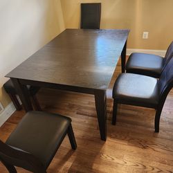 dining table, 4 chairs and bench