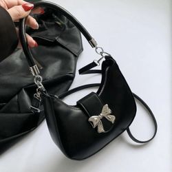 Small Black Handbag Purse with Silver Magnetic Bow & Zipper Closure for Women or Teens, Has Adjustable and Removable Shoulder Strap *NEW In Plastic*