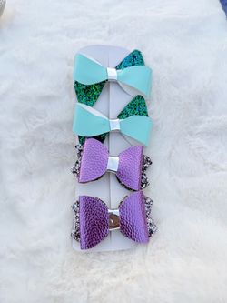 Girls Hair Bow Set of 4 Turquoise Purple Glitter Boutique Hair Clips