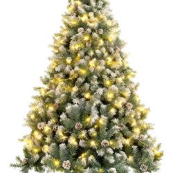 6ft Lighted Green Christmas Tree with Pine Cones, Snow Flocked Branches~w Lights