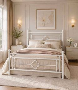 Queen bed Metal Platform Bed Frame, Vintage Headboard, White 50'' Tall Victorian Headboard/Footboard/Mattress Foundation/Under Bed Storage/No Box Spri